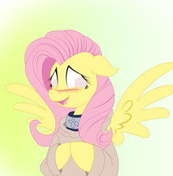 Size: 1868x1888 | Tagged: safe, artist:piterq12, fluttershy, anthro, bipedal, blushing, clothes, crossover, female, floppy ears, hyuuga hinata, looking away, mare, naruto, open mouth, smiling, solo, spread wings, wings