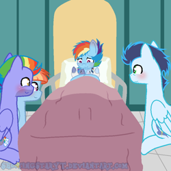 Size: 600x599 | Tagged: safe, artist:shootingstaryt, derpibooru import, bow hothoof, rainbow dash, soarin', windy whistles, oc, pegasus, pony, babies, baby, baby pony, bed, family, female, filly, male, mare, next generation, offspring, parent:rainbow dash, parent:soarin', parents:soarindash, shipping, soarindash, stallion, straight