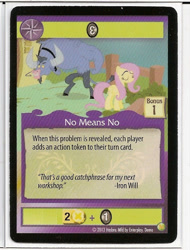 Size: 487x640 | Tagged: safe, edit, edited screencap, screencap, fluttershy, iron will, pegasus, pony, ccg, crap past the radar, enterplay, merchandise, mlp trading card game, out of context