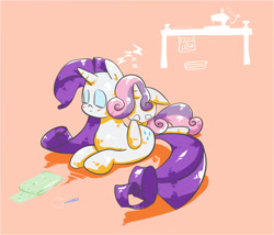 Size: 3500x3000 | Tagged: safe, artist:joycall6, rarity, sweetie belle, pony, unicorn, cuddling, sleeping, snuggling