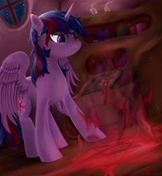 Size: 1300x1414 | Tagged: safe, artist:ahrimatt, derpibooru import, twilight sparkle, twilight sparkle (alicorn), alicorn, pony, dark magic, evil twilight, female, magic, magic circle, mare, pentagram