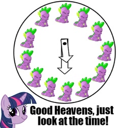 Size: 536x583 | Tagged: safe, derpibooru import, spike, twilight sparkle, dragon, clock, impact font, spikeabuse, text, time to abuse spike, twiface