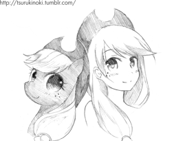 Size: 561x460 | Tagged: safe, artist:tsurukinoki, applejack, bust, duality, grayscale, human ponidox, humanized, monochrome, portrait