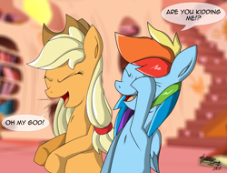 Size: 2585x1967 | Tagged: safe, artist:zsparkonequus, derpibooru import, applejack, rainbow dash, earth pony, pegasus, pony, dialogue, laughing, laughingmares.jpg, reaction image