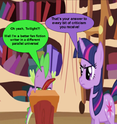 Size: 540x571 | Tagged: safe, derpibooru import, spike, twilight sparkle, dragon, critic, criticism, fanfic, parallel universe, twilight loves fanfiction