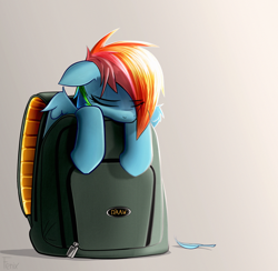 Size: 3308x3233 | Tagged: safe, artist:fenixdust, derpibooru import, rainbow dash, pegasus, pony, backpack, cute, dashabetes, eyes closed, feather, female, floppy ears, high res, mare, sleeping, smol, solo