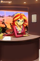 Size: 750x1125 | Tagged: safe, artist:lumineko, sunset shimmer, equestria girls, bent over, blushing, clothes, colored pupils, desk, female, glasses, leaning, lidded eyes, looking at you, office, open mouth, patreon, patreon logo, scenery, secretary, signature, smiling, solo, sunrise, window