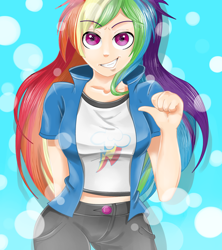 Size: 400x450 | Tagged: safe, artist:mlpdarksparx, derpibooru import, rainbow dash, equestria girls, clothes, grin, human coloration, looking at you, midriff, multicolored hair, pants, shirt, short shirt, smiling, solo