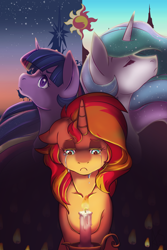 Size: 1024x1536 | Tagged: safe, artist:curiouskeys, princess celestia, sunset shimmer, twilight sparkle, twilight sparkle (alicorn), alicorn, pony, candle, cover art, crying, fire, sunrise, twilight (astronomy)