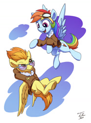 Size: 1200x1617 | Tagged: safe, artist:tsitra360, derpibooru import, rainbow dash, spitfire, pegasus, pony, bomber jacket, duo, female, flying, goggles, looking at each other, mare, smiling, sunglasses