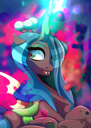 Size: 1358x1920 | Tagged: safe, artist:rariedash, queen chrysalis, changeling, changeling queen, crown, fangs, female, glowing horn, horn, jewelry, open mouth, regalia, smiling, solo