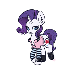 Size: 900x900 | Tagged: safe, artist:otterlore, rarity, pony, unicorn, alternate hairstyle, boots, bracelet, clothes, earring, eyeliner, grunge, jacket, piercing, punk, shirt, shoes, simple background, soft grunge, solo, white background