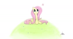 Size: 2000x1063 | Tagged: safe, artist:ncmares, fluttershy, butterfly, pegasus, pony, animal, grass, looking at something, looking up, sitting, solo