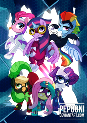 Size: 512x723 | Tagged: safe, artist:pepooni, derpibooru import, applejack, fili-second, fluttershy, masked matter-horn, mistress marevelous, pinkie pie, radiance, rainbow dash, rarity, saddle rager, twilight sparkle, twilight sparkle (alicorn), zapp, alicorn, earth pony, pegasus, pony, unicorn, power ponies (episode), female, mane six, mare, power ponies