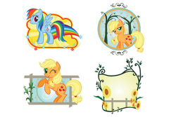 Size: 600x400 | Tagged: safe, derpibooru import, applejack, rainbow dash, earth pony, pegasus, pony, badge, bedroom eyes, concept art, hasbro, hatless, missing accessory, official, simple background, stock image, stock vector, white background