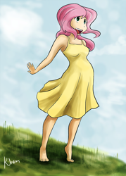 Size: 1000x1400 | Tagged: safe, artist:kprovido, fluttershy, barefoot, feet, humanized, solo