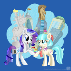 Size: 900x900 | Tagged: safe, artist:swanlullaby, coco pommel, rarity, earth pony, pony, unicorn, crystaller building, duo, female, lesbian, manehattan, mare, marshmallow coco, rainbow thread, shipping, statue, statue of friendship, thread