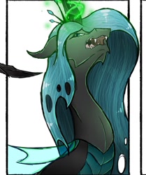 Size: 982x1173 | Tagged: safe, alternate version, artist:theheioslair, queen chrysalis, changeling, changeling queen, bust, female, glowing horn, horn, open mouth, solo
