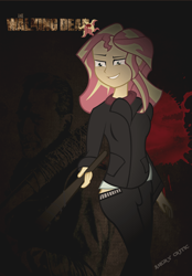 Size: 1000x1440 | Tagged: safe, artist:ngrycritic, sunset shimmer, equestria girls, clothes, club, cosplay, crossover, grin, negan, negan shimmer, pants, smiling, solo, the walking dead