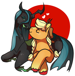 Size: 1176x1198 | Tagged: safe, artist:eonionic, applejack, queen chrysalis, changeling, changeling queen, earth pony, pony, chrysajack, crack shipping, female, lesbian, prone, shipping