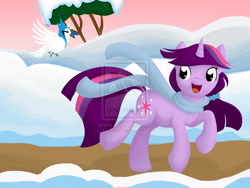 Size: 1024x768 | Tagged: safe, artist:oatcaker, derpibooru import, twilight sparkle, clothes, scarf, snow, watermark, winter