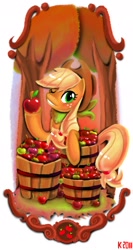 Size: 1325x2491 | Tagged: safe, artist:kaliptro, applejack, earth pony, pony, apple, looking at you, solo, wink