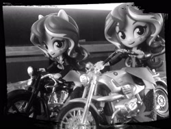 Size: 2592x1944 | Tagged: safe, sunset shimmer, equestria girls, doll, equestria girls minis, eqventures of the minis, harley davidson, monochrome, motorcycle, self paradox, toy