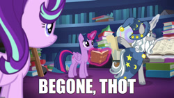 Size: 1920x1080 | Tagged: safe, edit, edited screencap, screencap, star swirl the bearded, starlight glimmer, twilight sparkle, twilight sparkle (alicorn), alicorn, pony, shadow play, begone thot, image macro, meme, thot