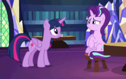 Size: 802x500 | Tagged: safe, edit, screencap, starlight glimmer, twilight sparkle, twilight sparkle (alicorn), alicorn, pony, unicorn, uncommon bond, animated, book, caption, cropped, cute, duo, duo female, female, frown, gasp, gif, glimmerbetes, happy, hug, pounce, sitting, smiling, smuglight sparkle, stool, table, text, twiabetes, twilight's castle, twilight's castle library, walking