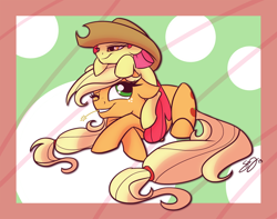 Size: 800x631 | Tagged: dead source, safe, artist:probablyfakeblonde, apple bloom, applejack, earth pony, pony, accessory swap