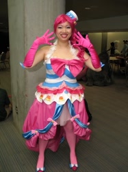 Size: 487x650 | Tagged: artist needed, safe, pinkie pie, human, 2013, clothes, cosplay, dress, evening gloves, fanimecon, gala dress, irl, irl human, photo, solo