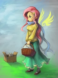 Size: 2256x3037 | Tagged: safe, artist:audrarius, angel bunny, fluttershy, cat, clothes, humanized, skirt, solo, sweater, sweatershy