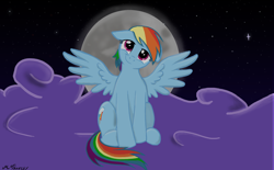 Size: 4016x2484 | Tagged: safe, artist:martin0803, derpibooru import, rainbow dash, pegasus, pony, cloud, cute, female, floppy ears, high res, looking at you, mare, moon, night, sitting, smiling, solo, spread wings, wings