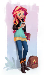 Size: 1067x1800 | Tagged: safe, artist:ajvl, sunset shimmer, equestria girls, backpack, clothes, coffee, cup, dress, human coloration, journal, leather jacket, pants, solo
