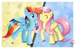 Size: 1388x900 | Tagged: safe, artist:milanoss, derpibooru import, fluttershy, rainbow dash, pegasus, pony, fame and misfortune, cute, dashabetes, duo, eyes closed, flawless, friendshipping, hug, looking at each other, shyabetes, smiling, spread wings, wings