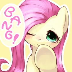 Size: 800x800 | Tagged: safe, artist:pukapukapu, fluttershy, pegasus, pony, bang, blushing, cowboy bebop, cute, female, fourth wall, looking at you, one eye closed, screen, shyabetes, smiling, solo