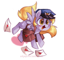 Size: 768x709 | Tagged: safe, artist:askpopcorn, derpy hooves, pegasus, pony, blushing, clothes, cute, derpabetes, female, flying, hat, letter, mailbag, mare, messy, saddle bag, solo, uniform