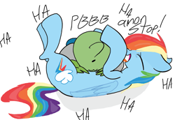 Size: 913x628 | Tagged: safe, artist:dotkwa, color edit, derpibooru import, edit, rainbow dash, oc, oc:anon, human, pony, :3, colored, cute, dashabetes, human on pony snuggling, interspecies, laughing, snuggling, tickling, tummy buzz