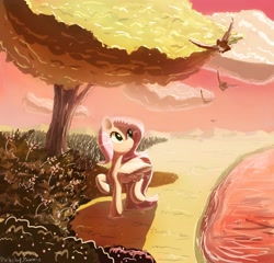 Size: 2991x2866 | Tagged: safe, artist:porkchopsammie, fluttershy, bird, pegasus, pony, solo, tree