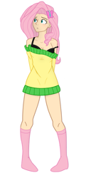 Size: 363x750 | Tagged: safe, artist:sallymon, fluttershy, blushing, bottomless, bra, clothes, humanized, off shoulder, socks, solo, sweater, sweatershy, underwear