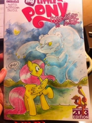 Size: 538x720 | Tagged: safe, artist:katiecandraw, fluttershy, bear, pegasus, pony, ursa minor, cover, traditional art, watercolor painting