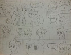 Size: 1280x994 | Tagged: safe, artist:ljdamz1119, apple bloom, starlight glimmer, earth pony, pony, unicorn, comic, dialogue, earbuds, everything went better than expected, female, filly, monochrome, saddle bag, traditional art