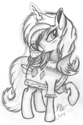 Size: 1120x1698 | Tagged: safe, artist:ancientowl, rarity, pony, unicorn, bathrobe, clothes, glass, magic, monochrome, robe, solo, traditional art