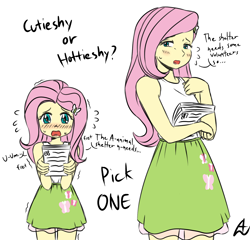 Size: 1324x1271 | Tagged: safe, artist:acesrockz, fluttershy, equestria girls, anime, blushing, comparison, dialogue, nervous, scene interpretation, shy, working