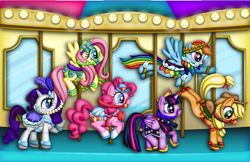 Size: 5096x3308 | Tagged: safe, artist:thebubbleqat, derpibooru import, applejack, fluttershy, pinkie pie, rainbow dash, rarity, twilight sparkle, twilight sparkle (alicorn), alicorn, earth pony, pegasus, pony, unicorn, absurd resolution, carousel, clothes, dress, female, mane six, mare