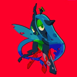 Size: 768x768 | Tagged: safe, artist:tomizawa96, queen chrysalis, changeling, changeling queen, cute, female, floppy ears, lidded eyes, red background, simple background, smiling, solo