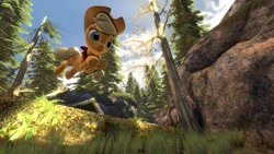 Size: 1024x576 | Tagged: safe, artist:argodaemon, applejack, earth pony, pony, 3d, forest, jumping, solo, source filmmaker