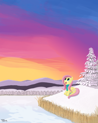 Size: 1540x1925 | Tagged: safe, artist:shiropoint, fluttershy, pegasus, pony, clothes, scarf, snow, solo, winter