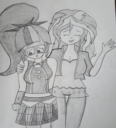 Size: 1280x1413 | Tagged: safe, artist:missmayaleanne, sci-twi, sunset shimmer, twilight sparkle, equestria girls, breasts, cleavage, clothes, female, hug, lesbian, monochrome, scitwishimmer, shipping, skirt, sunsetsparkle, traditional art