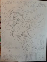 Size: 768x1024 | Tagged: safe, artist:andypriceart, derpy hooves, pegasus, pony, female, flexing, lineart, mare, mistress muffin, power ponies oc, solo, superhero, traditional art